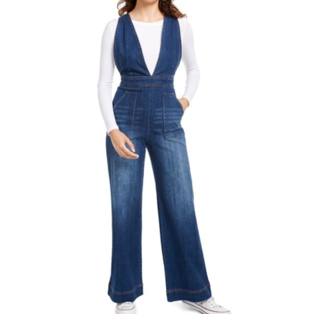 Dollhouse Plunging Denim Jumpsuit Overalls size 1/2 XS Wide leg Cotton